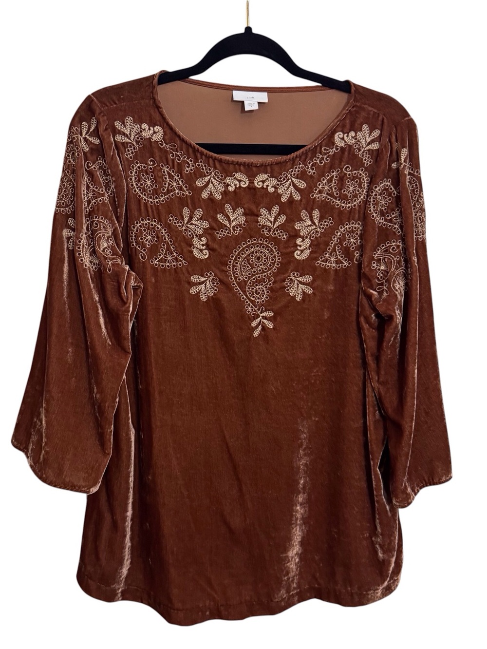 J. Jill Size Small Brown Velvet Floral Embroidered Top Cottagecore Boho Peasant